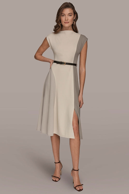 CAP SLEEVE COLOR-BLOCK MIDI DRESS - VAPOR/VELLUM/DRIFTWOOD