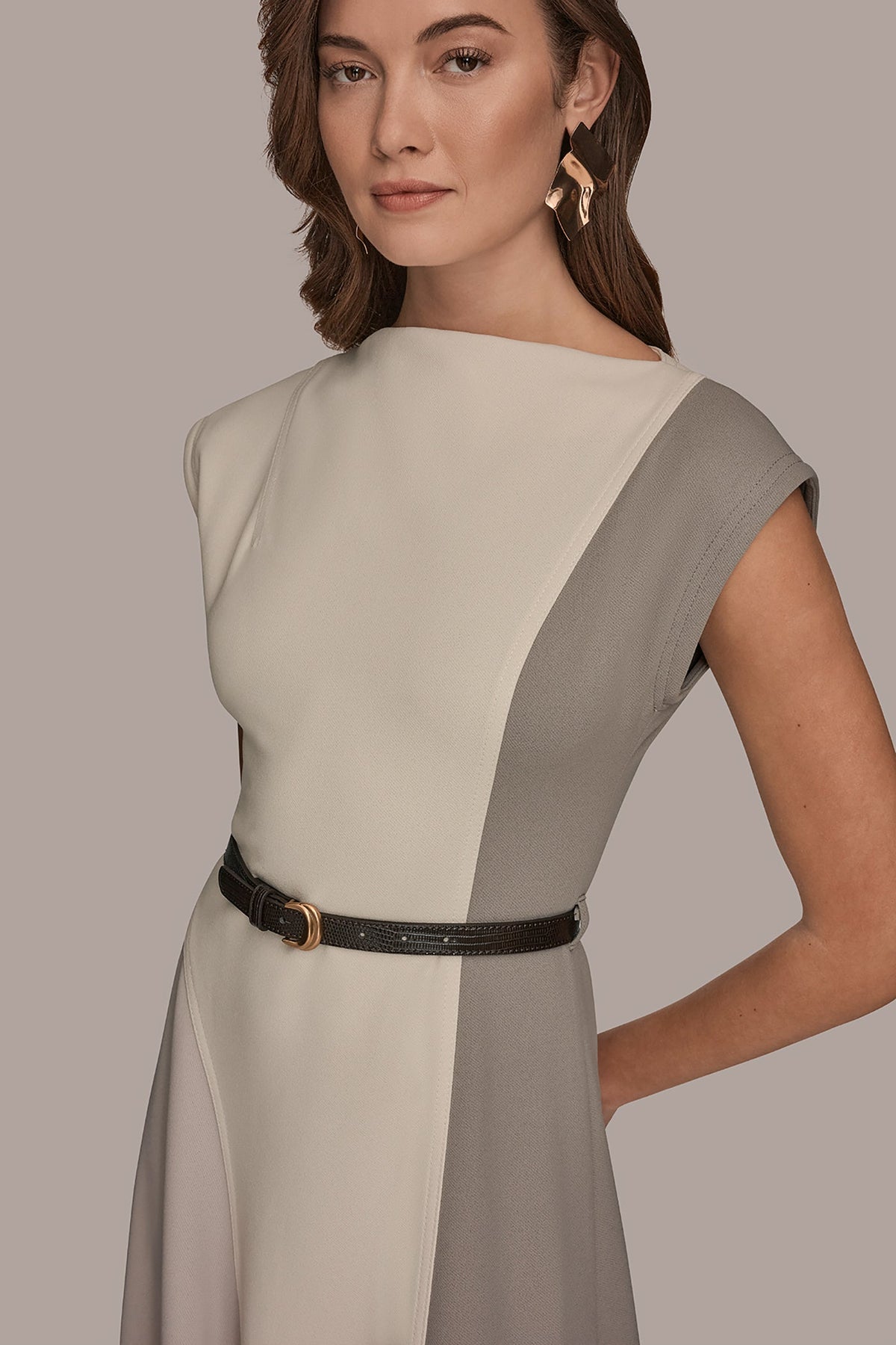 CAP SLEEVE COLOR-BLOCK MIDI DRESS - VAPOR/VELLUM/DRIFTWOOD