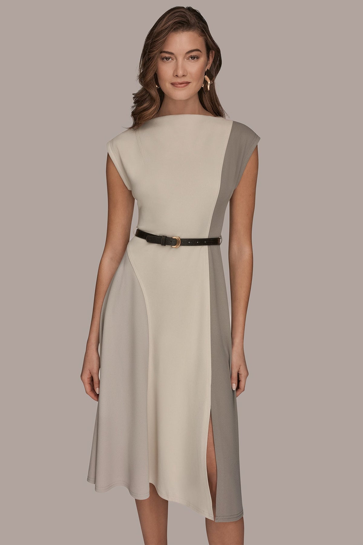 CAP SLEEVE COLOR-BLOCK MIDI DRESS - VAPOR/VELLUM/DRIFTWOOD
