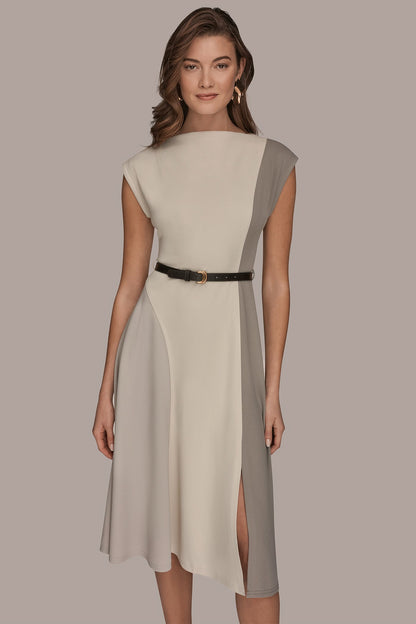 CAP SLEEVE COLOR-BLOCK MIDI DRESS - VAPOR/VELLUM/DRIFTWOOD