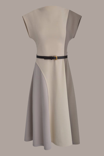 CAP SLEEVE COLOR-BLOCK MIDI DRESS - VAPOR/VELLUM/DRIFTWOOD