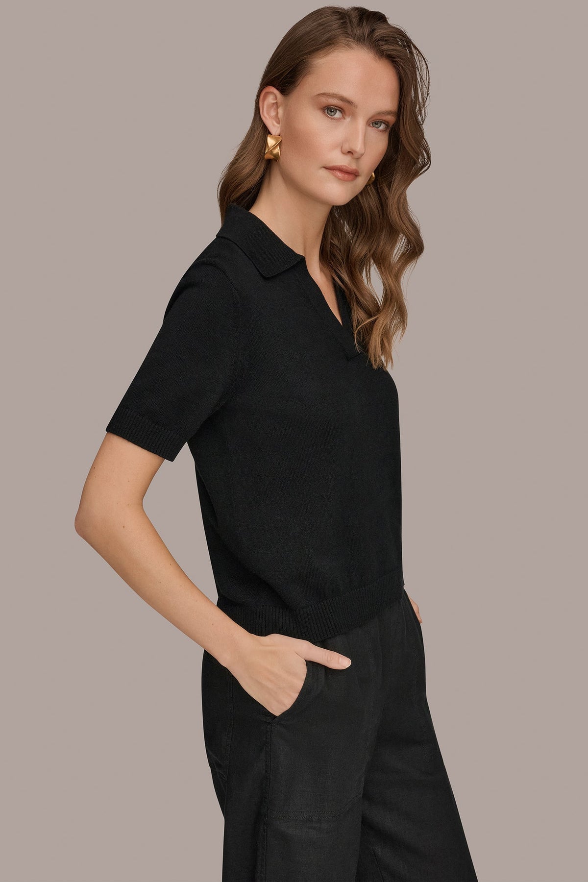 COTTON AND CASHMERE POLO SWEATER - Black