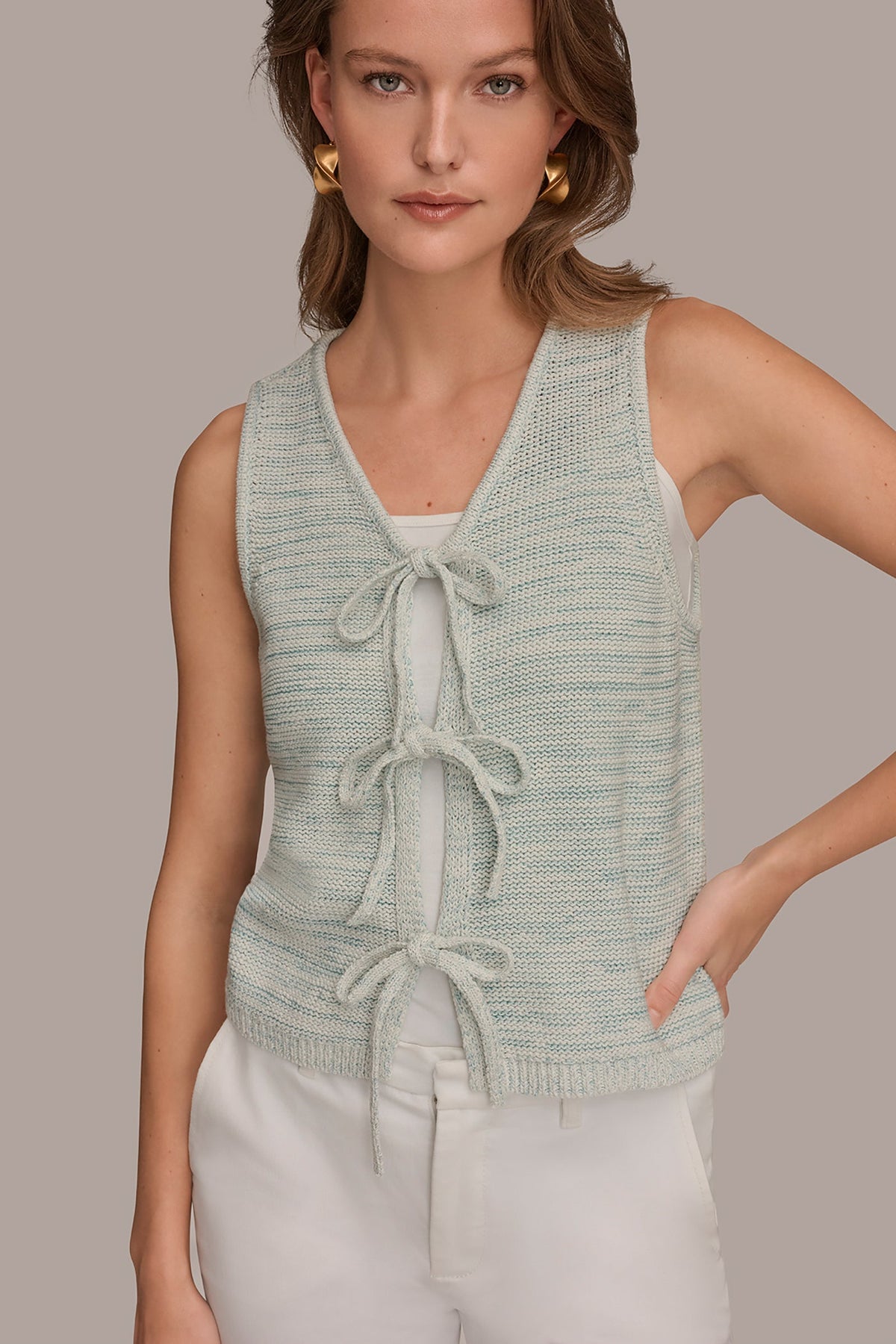SLEEVELESS TIE-FRONT CARDIGAN - Skylight Combo