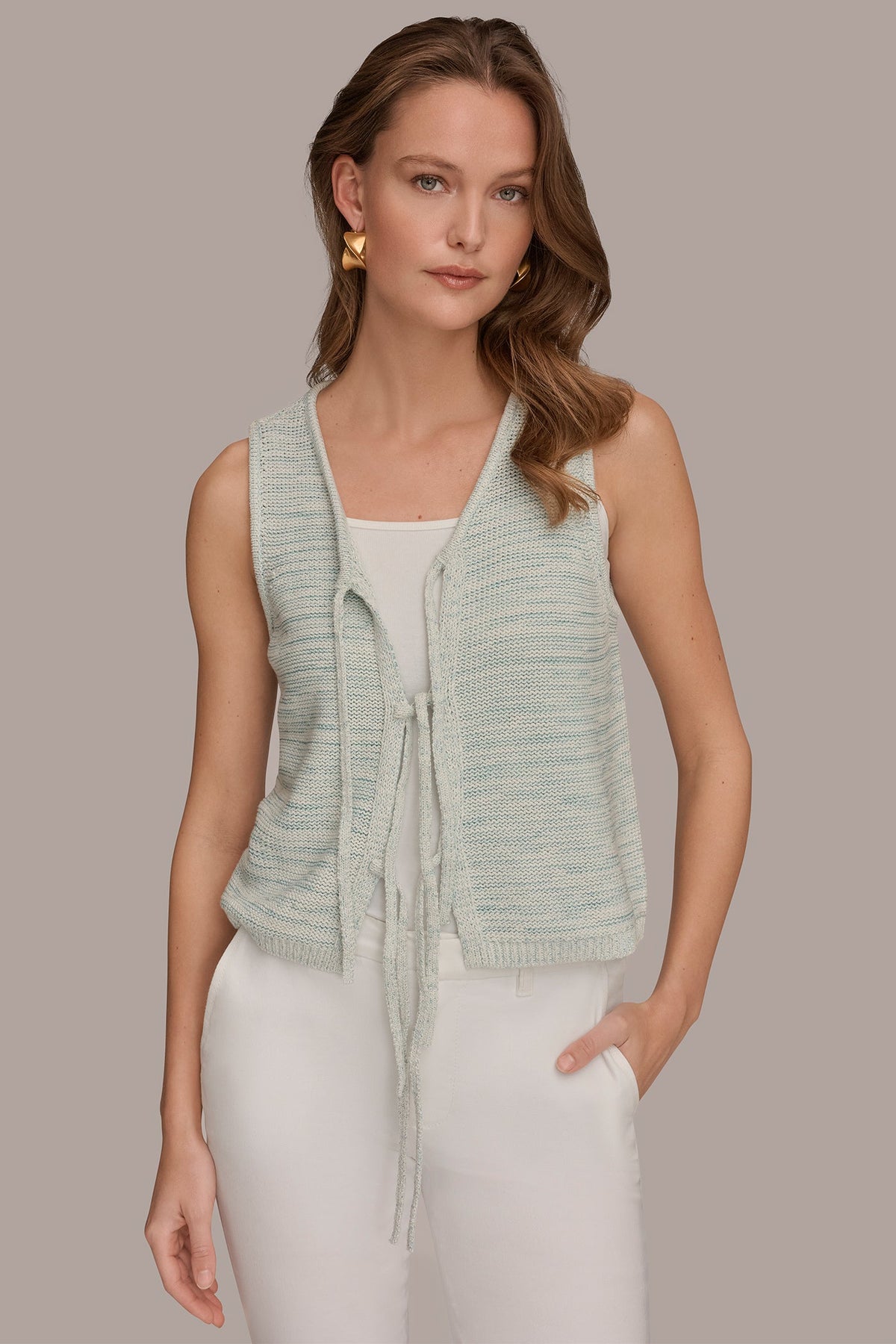 SLEEVELESS TIE-FRONT CARDIGAN - Skylight Combo