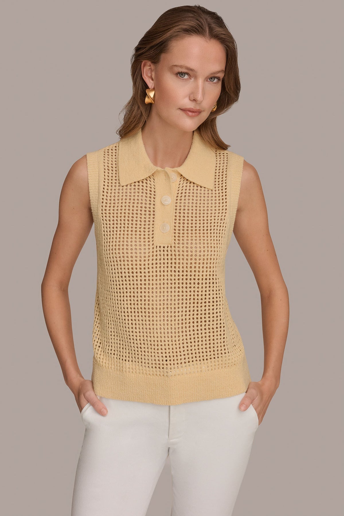 SLEEVELESS OPEN STITCH POLO SWEATER - Buttercream