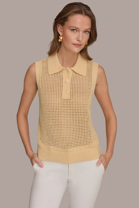 SLEEVELESS OPEN STITCH POLO SWEATER - Buttercream
