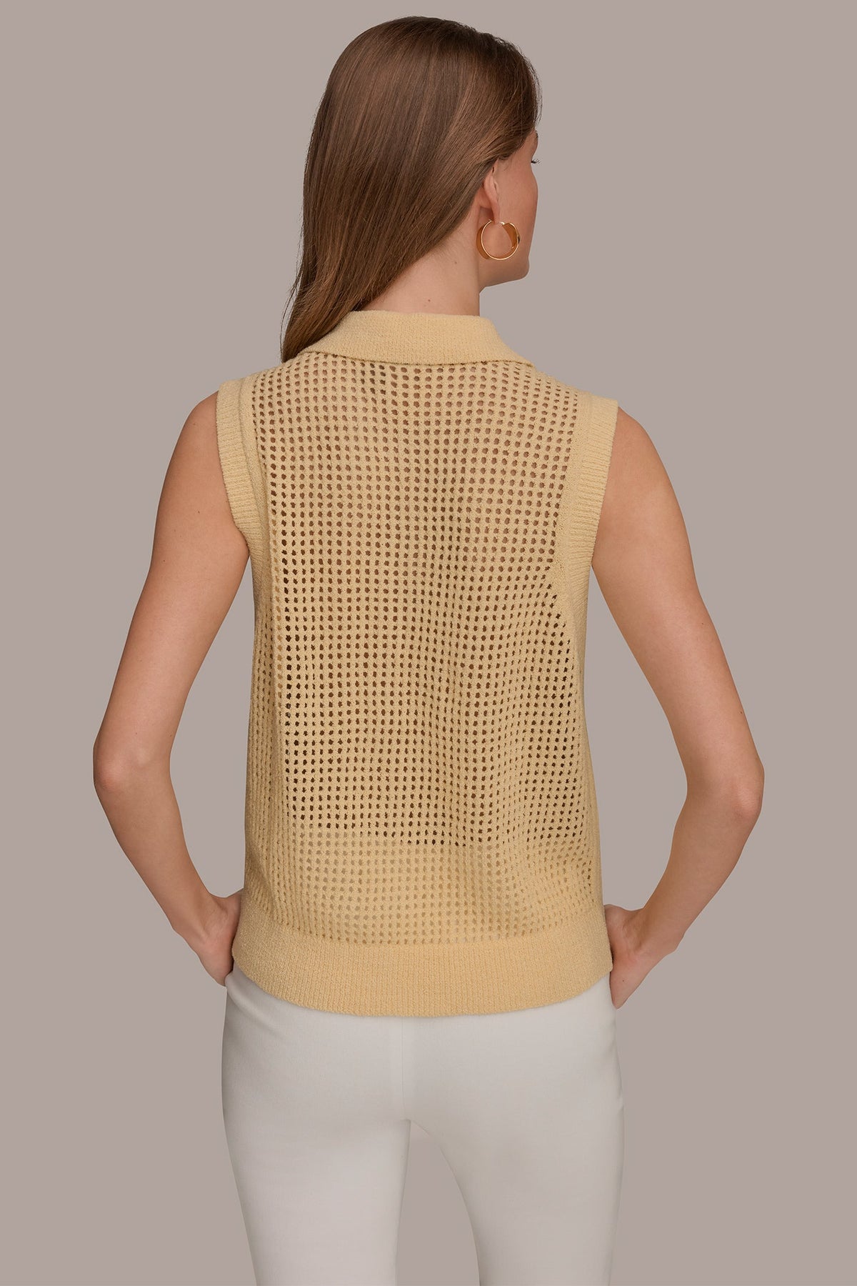 SLEEVELESS OPEN STITCH POLO SWEATER - Buttercream