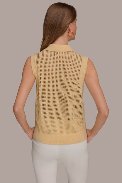 SLEEVELESS OPEN STITCH POLO SWEATER - Buttercream