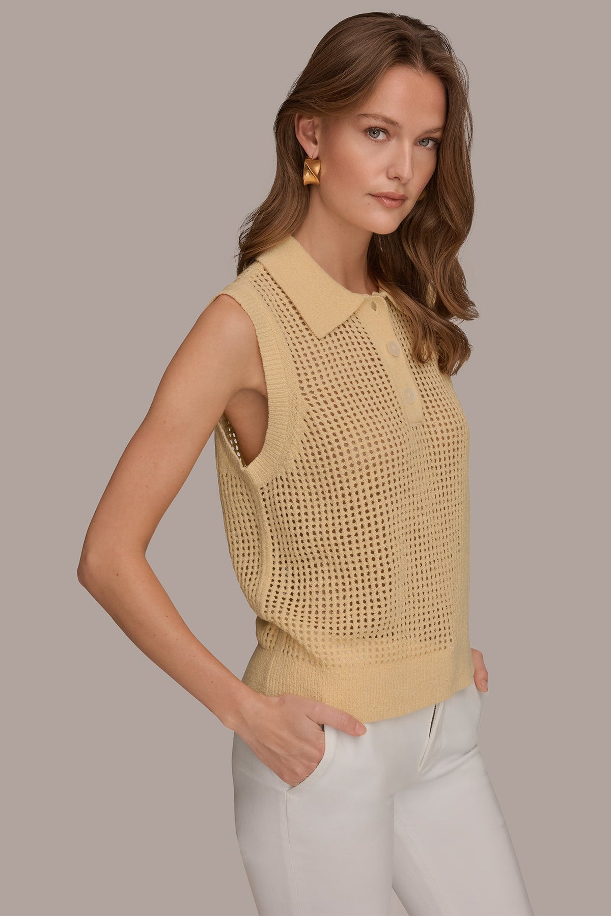 SLEEVELESS OPEN STITCH POLO SWEATER - Buttercream