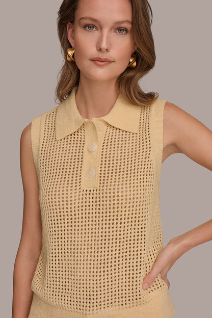SLEEVELESS OPEN STITCH POLO SWEATER - Buttercream