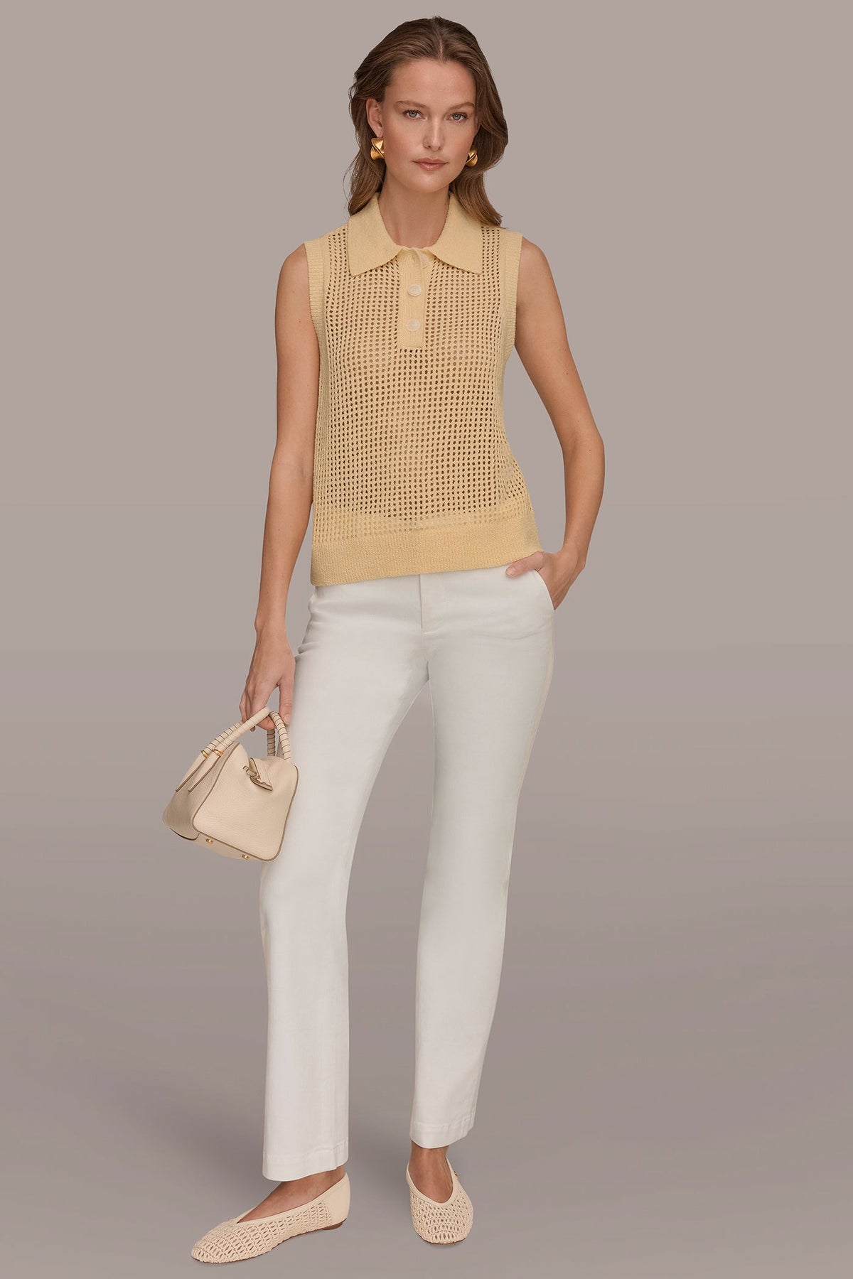 SLEEVELESS OPEN STITCH POLO SWEATER - Buttercream