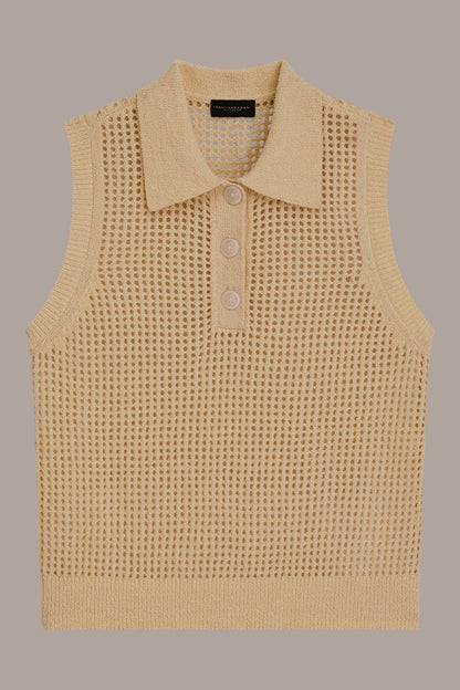 SLEEVELESS OPEN STITCH POLO SWEATER - Buttercream