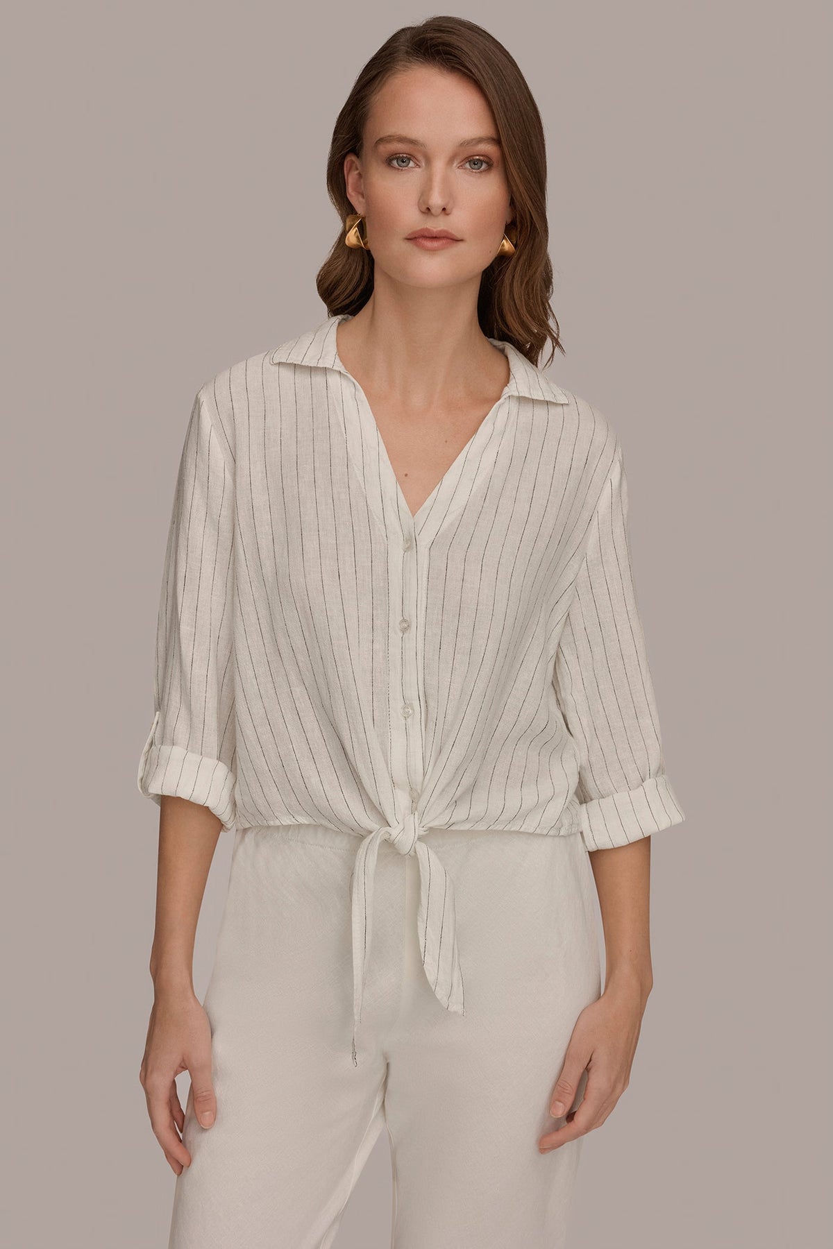 LONG SLEEVE TIE-FRONT BLOUSE - Cream/Black