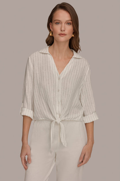 LONG SLEEVE TIE-FRONT BLOUSE - Cream/Black