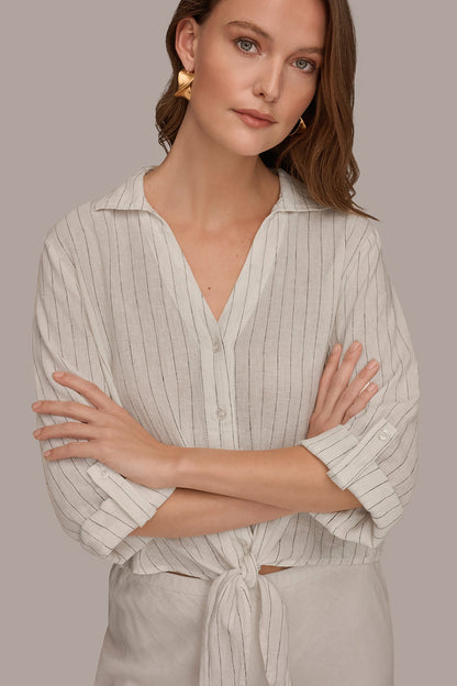 LONG SLEEVE TIE-FRONT BLOUSE - Cream/Black