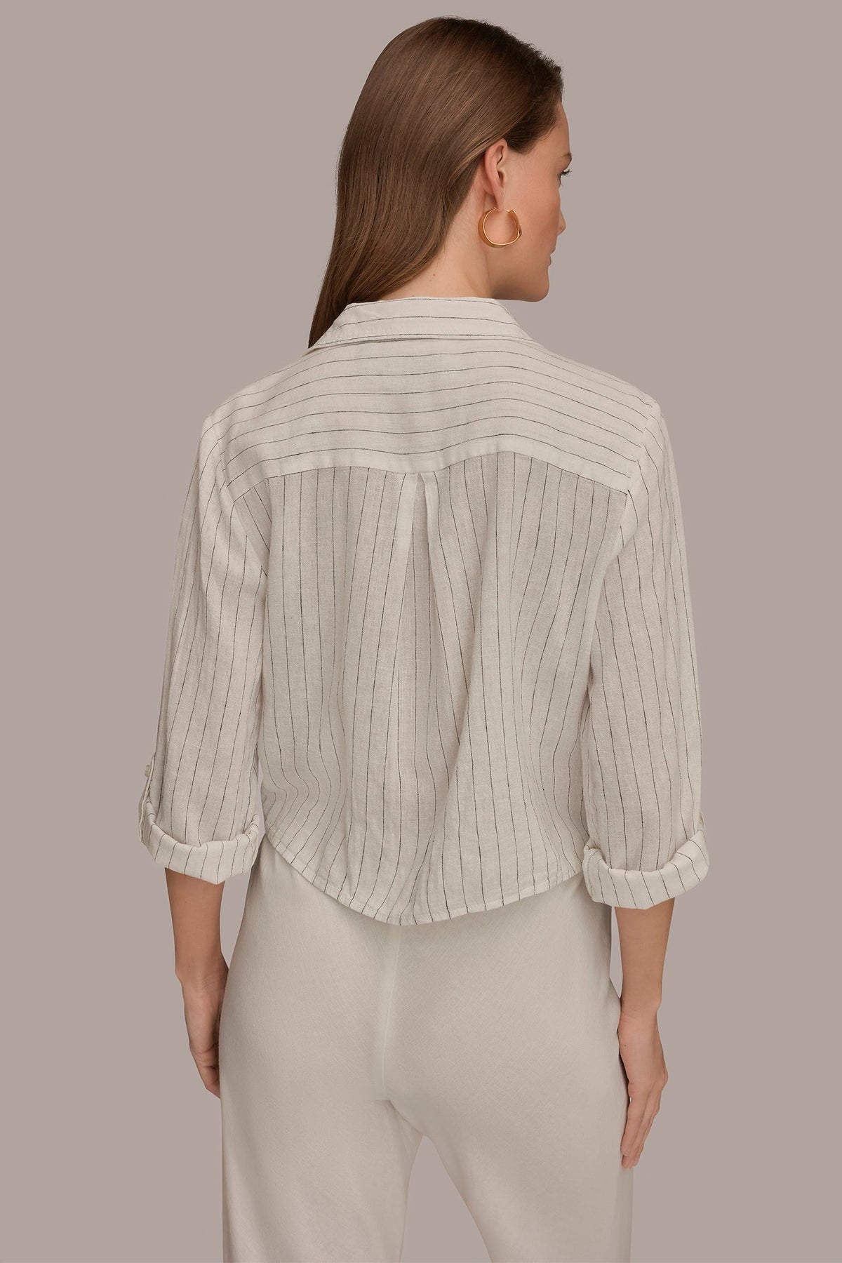 LONG SLEEVE TIE-FRONT BLOUSE - Cream/Black