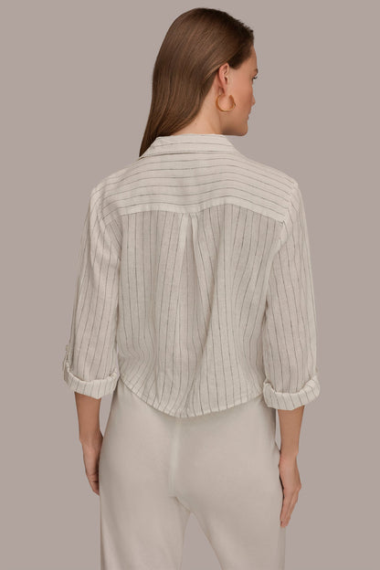 LONG SLEEVE TIE-FRONT BLOUSE - Cream/Black