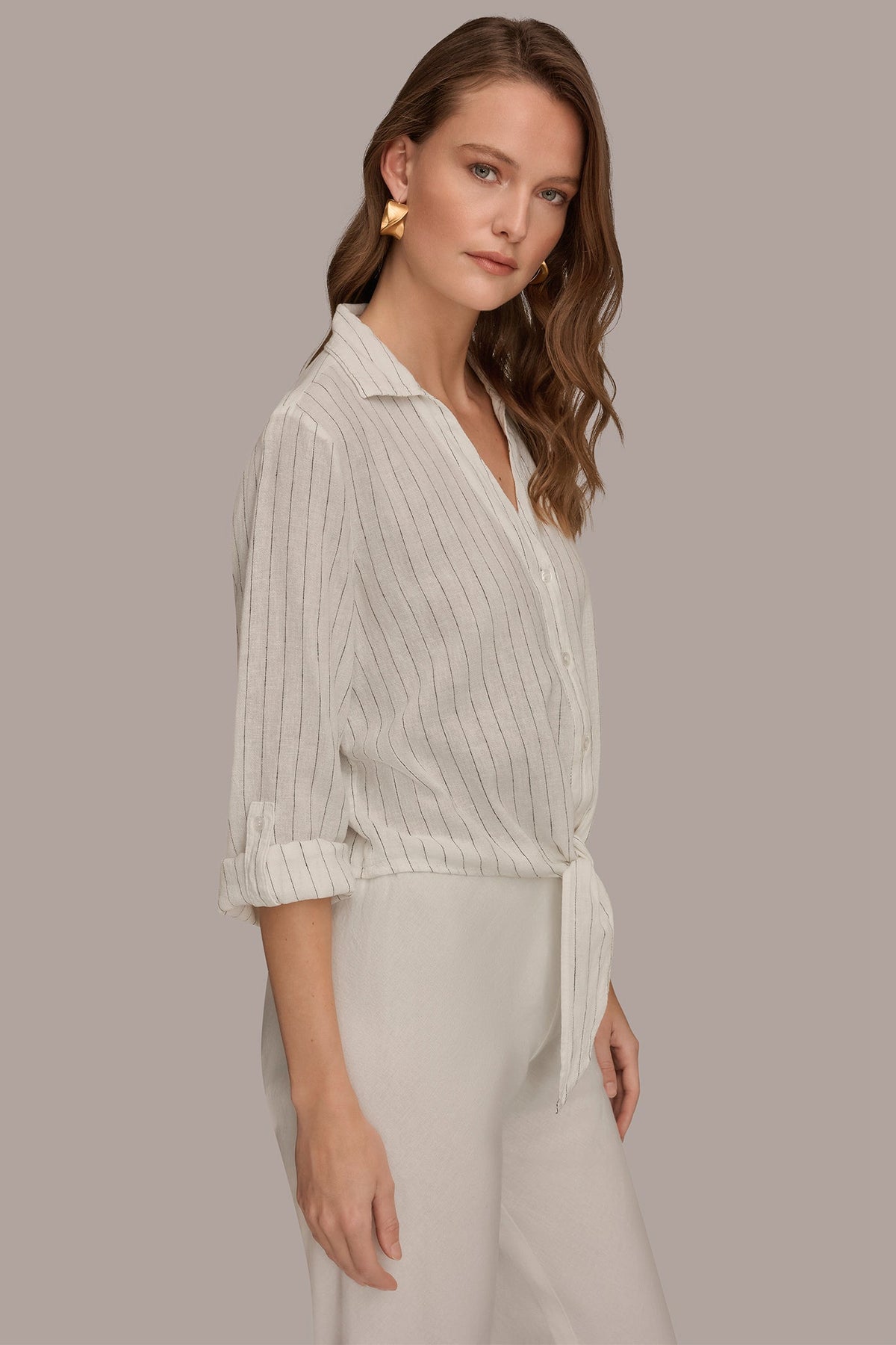 LONG SLEEVE TIE-FRONT BLOUSE - Cream/Black
