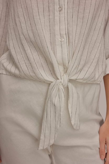 LONG SLEEVE TIE-FRONT BLOUSE - Cream/Black