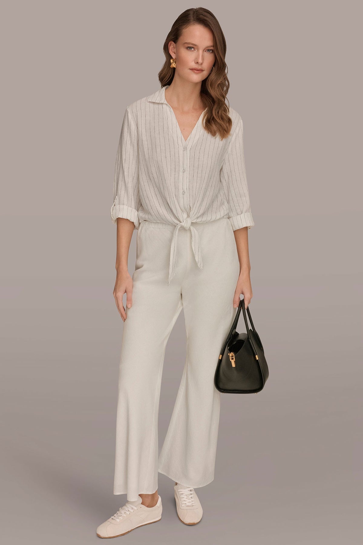 LONG SLEEVE TIE-FRONT BLOUSE - Cream/Black