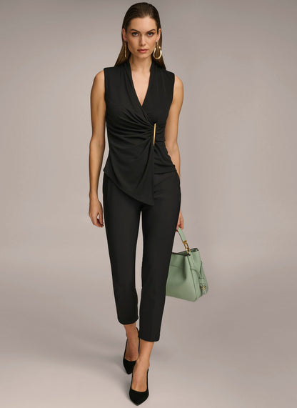 V NECK TOP WITH HARDWARE AND RUCHED DETAIL - Black