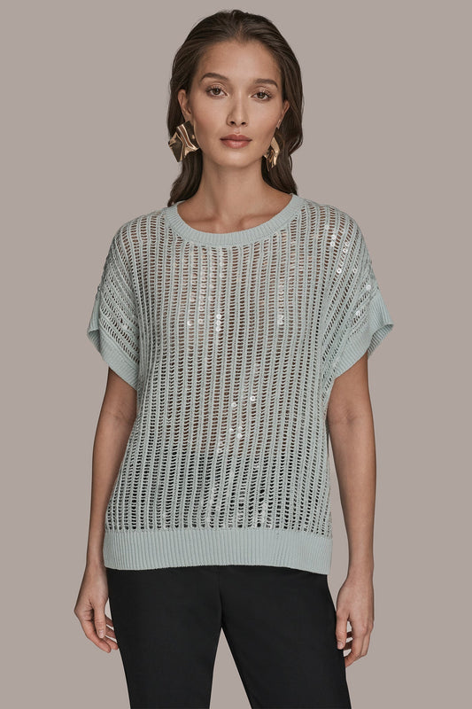 COTTON-BLEND SEQUIN OPEN-KNIT SWEATER - MIST