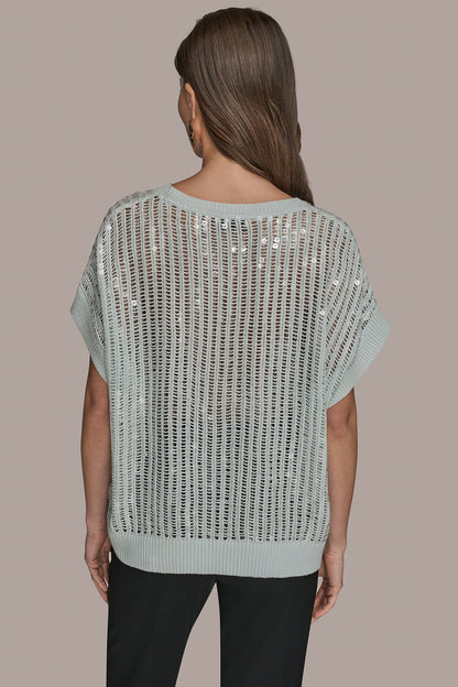 COTTON-BLEND SEQUIN OPEN-KNIT SWEATER - MIST