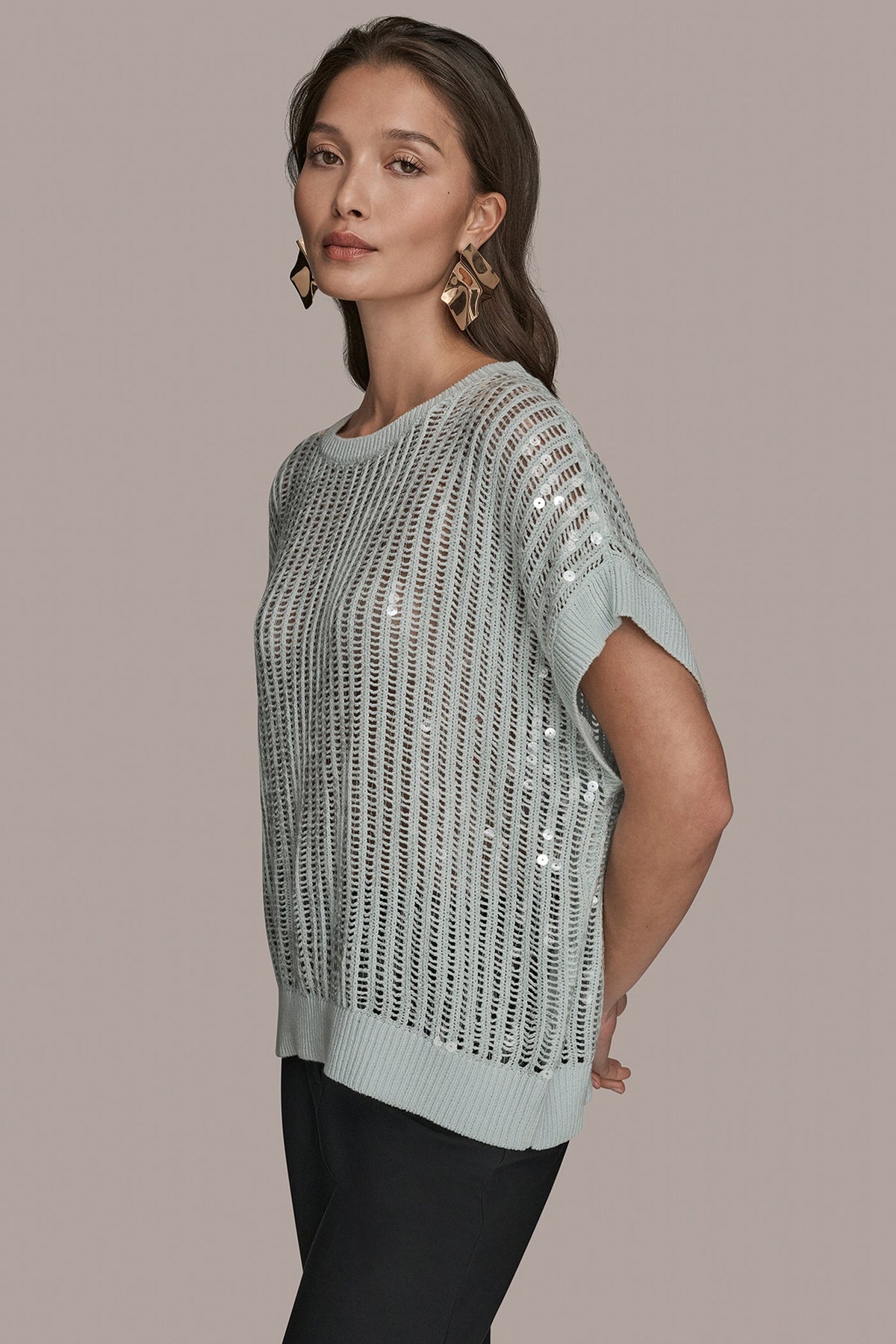 COTTON-BLEND SEQUIN OPEN-KNIT SWEATER - MIST