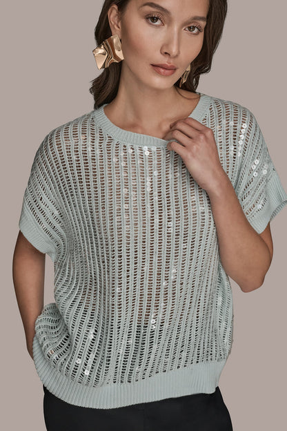 COTTON-BLEND SEQUIN OPEN-KNIT SWEATER - MIST