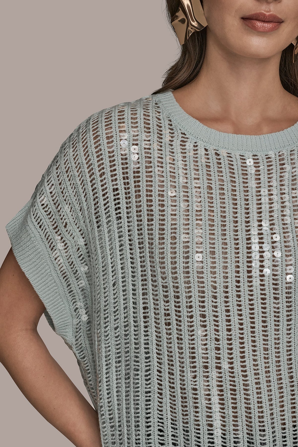 COTTON-BLEND SEQUIN OPEN-KNIT SWEATER - MIST