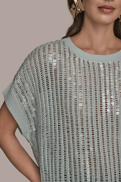 COTTON-BLEND SEQUIN OPEN-KNIT SWEATER - MIST