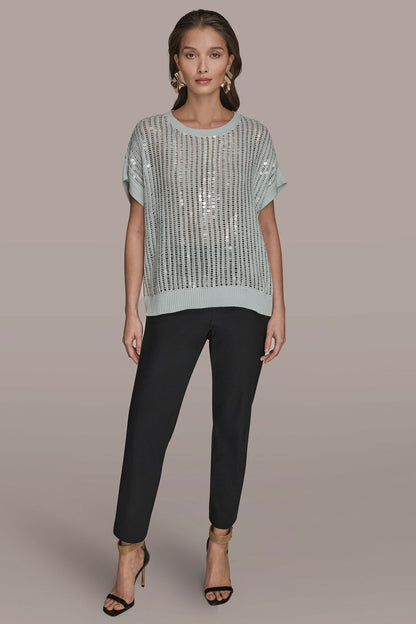 COTTON-BLEND SEQUIN OPEN-KNIT SWEATER - MIST