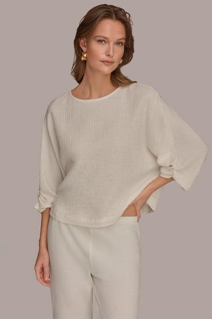3/4 SLEEVE TWIST CUFF BLOUSE - Cream
