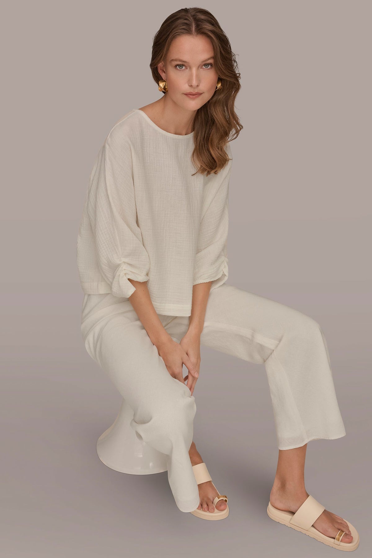 3/4 SLEEVE TWIST CUFF BLOUSE - Cream