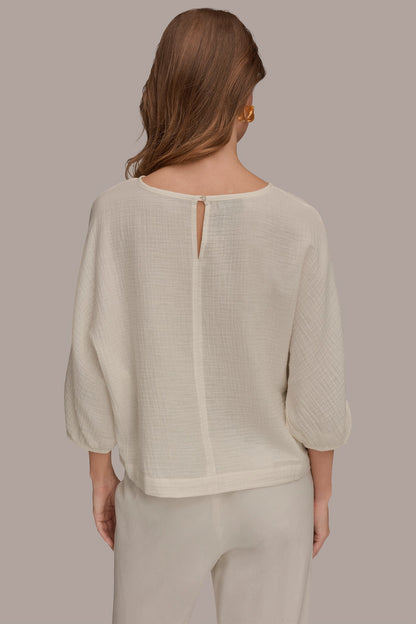 3/4 SLEEVE TWIST CUFF BLOUSE - Cream