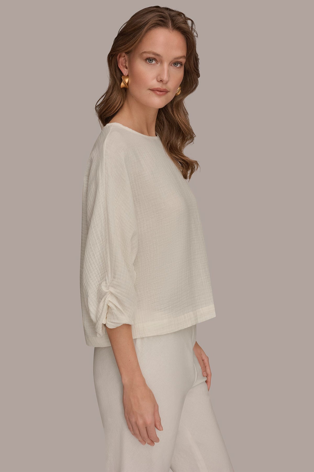 3/4 SLEEVE TWIST CUFF BLOUSE - Cream