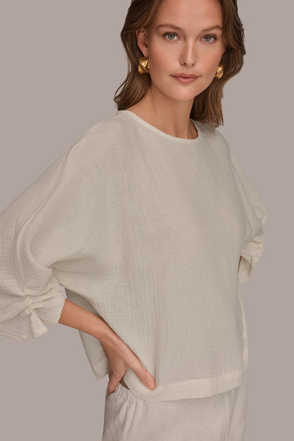 3/4 SLEEVE TWIST CUFF BLOUSE - Cream
