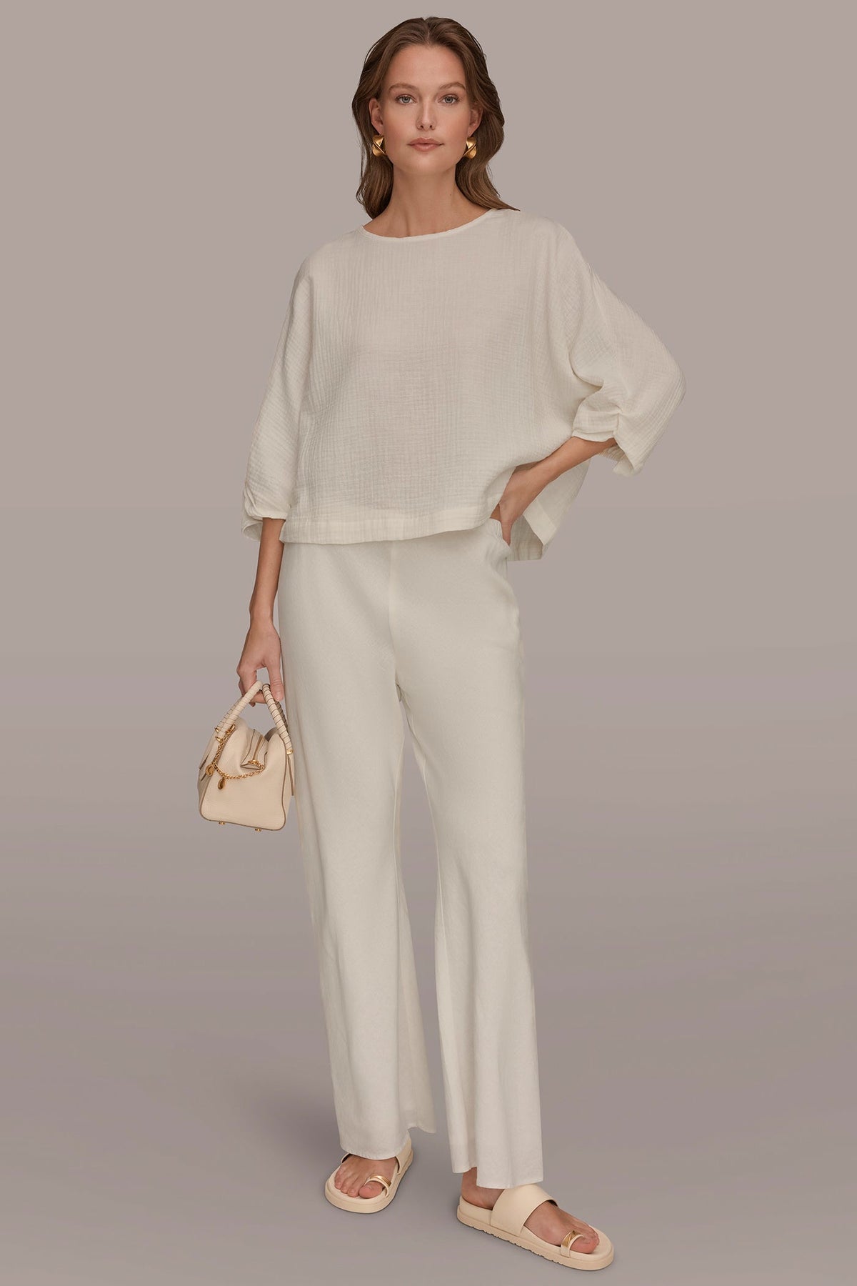 3/4 SLEEVE TWIST CUFF BLOUSE - Cream