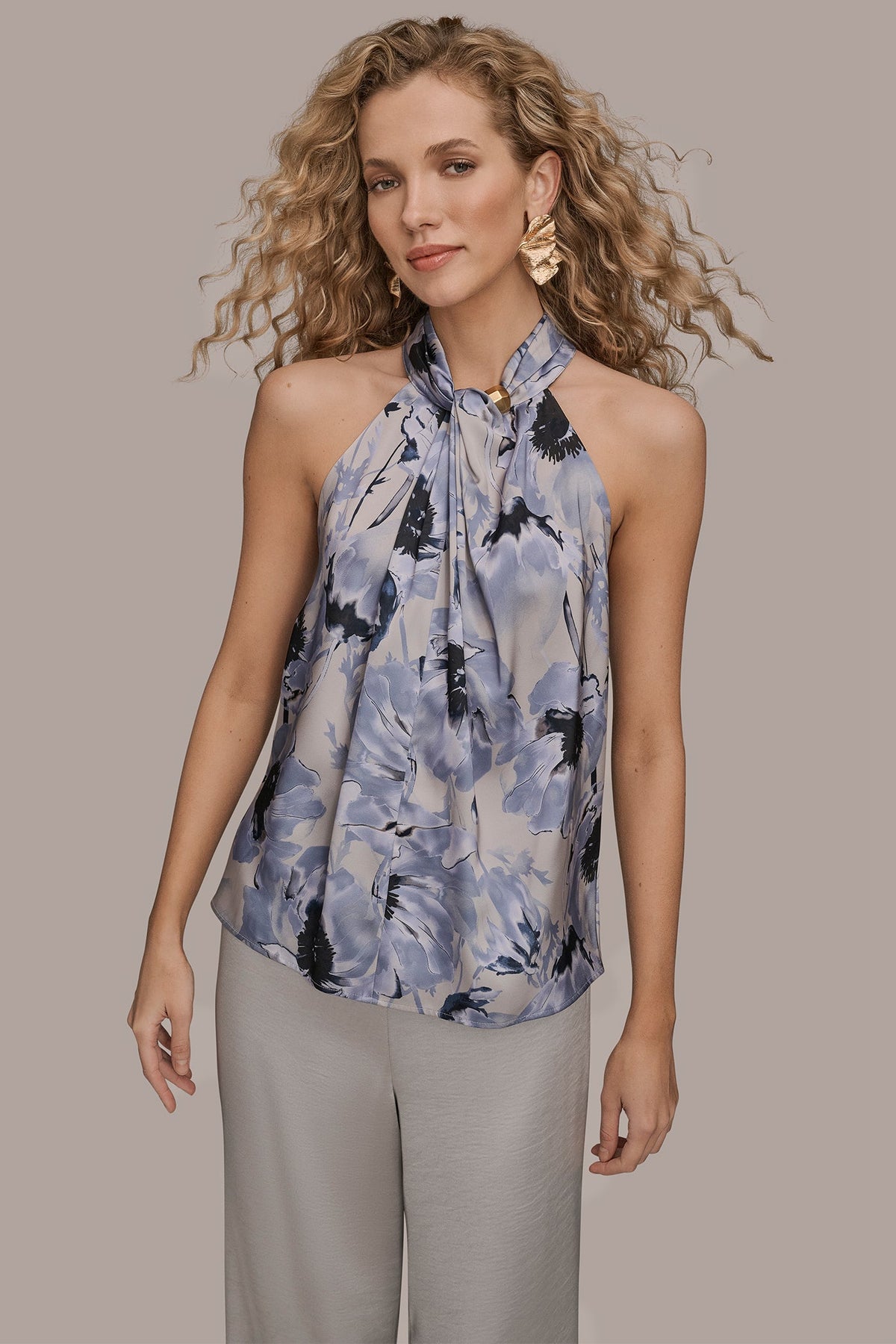 SATIN PRINTED TWIST HALTER BLOUSE - VAPOR/TEMPEST