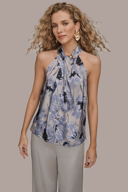 SATIN PRINTED TWIST HALTER BLOUSE - VAPOR/TEMPEST