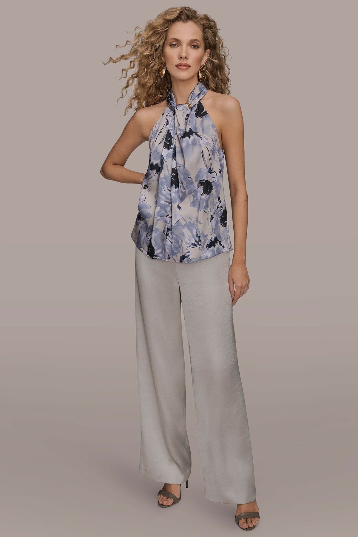 SATIN PRINTED TWIST HALTER BLOUSE - VAPOR/TEMPEST