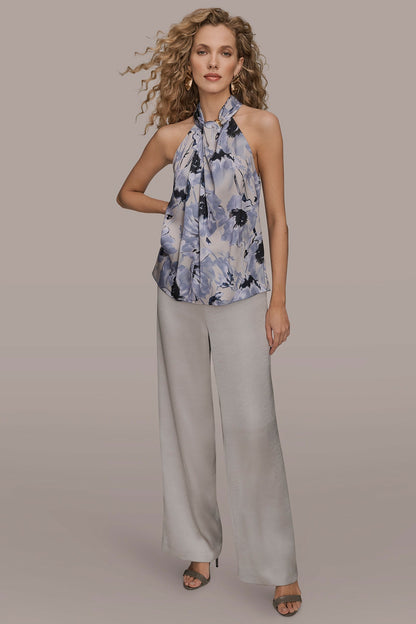 SATIN PRINTED TWIST HALTER BLOUSE - VAPOR/TEMPEST