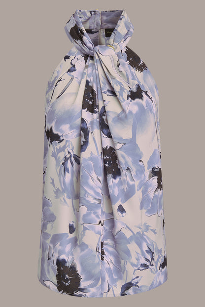 SATIN PRINTED TWIST HALTER BLOUSE - VAPOR/TEMPEST