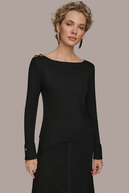 LONG SLEEVE BOATNECK RIBBED BUTTON SWEATER - Black
