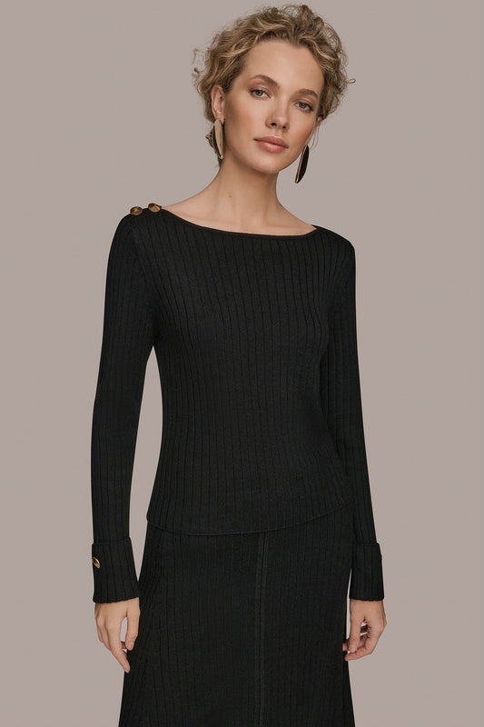 LONG SLEEVE BOATNECK RIBBED BUTTON SWEATER - Black