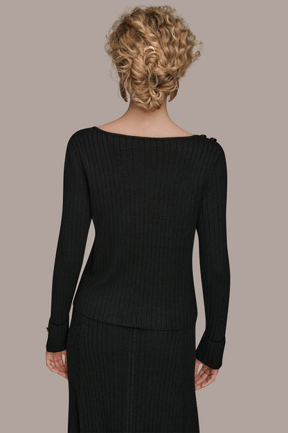 LONG SLEEVE BOATNECK RIBBED BUTTON SWEATER - Black
