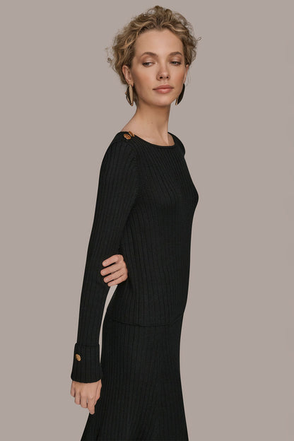 LONG SLEEVE BOATNECK RIBBED BUTTON SWEATER - Black
