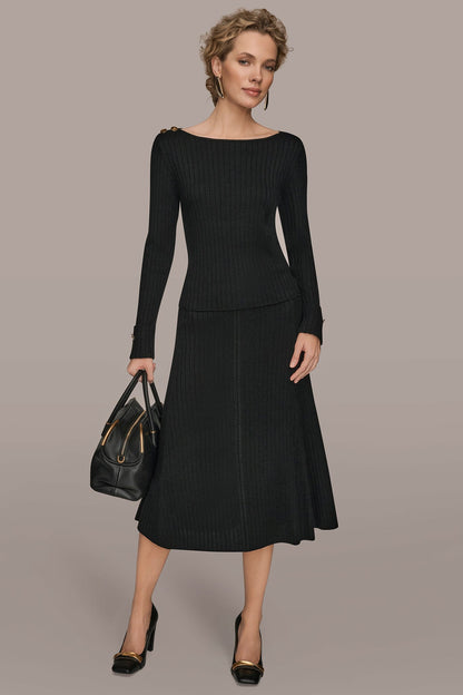 LONG SLEEVE BOATNECK RIBBED BUTTON SWEATER - Black