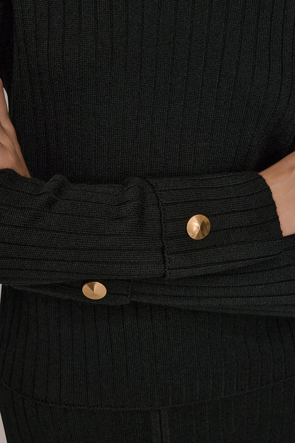 LONG SLEEVE BOATNECK RIBBED BUTTON SWEATER - Black