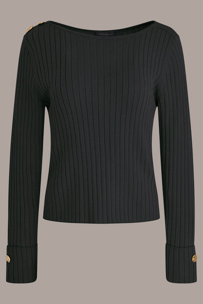 LONG SLEEVE BOATNECK RIBBED BUTTON SWEATER - Black
